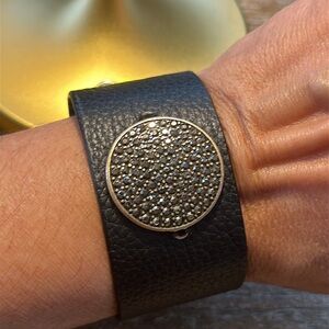 Black Vegan Leather Bracelet with Bronze and Marquis Stone Accents